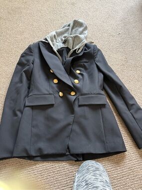 Quince Black Double-Breasted Blazer with Cashemer Grey Hood and Gold Buttons